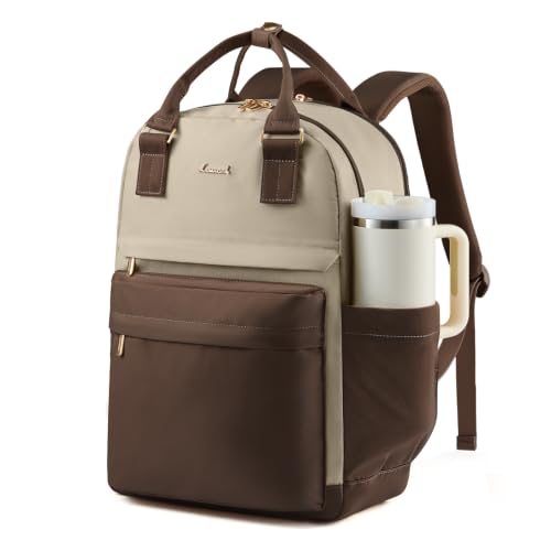 Image of LOVEVOOK Laptop Backpack for Women with Giant Tumbler Holder Pocket, 15.6 inch Laptop Computer Bag Travel Backpack Purse, Waterproof Work Nurse Teacher Bag College School Bookbag, Coffee & Dark Khaki