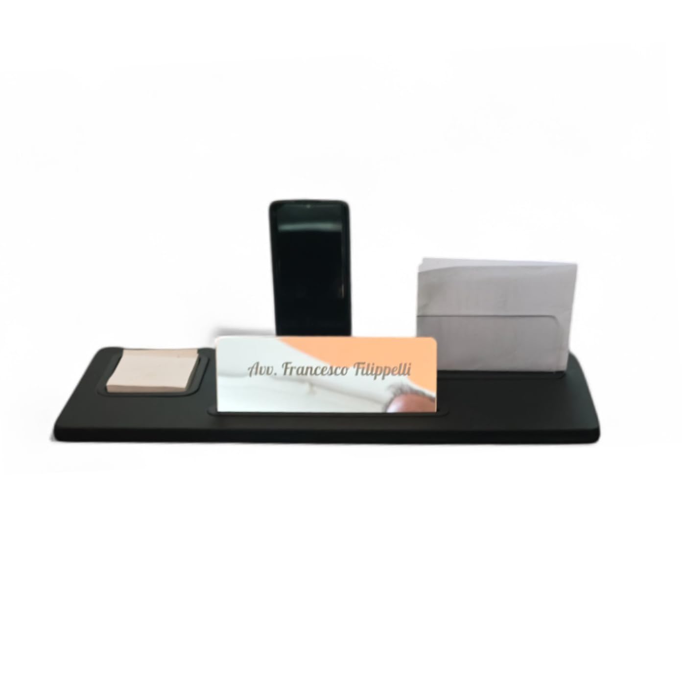 Juego de escritorio de ecopiel sintética negra, 5 en 1 organizador – Soporte para smartphone, tarjetero, tarjetero, porta tarjetas adhesivas, caballero personalizado. – Oficina Casa (SA