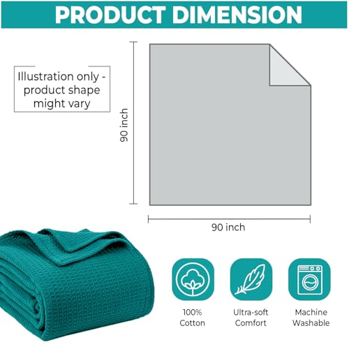 100% Cotton Blankets Queen Size for Bed - Waffle Weave Blankets for Summer, Lightweight and Breathable Soft Woven Blanket for Spring, (Teal, Queen (90" x 90")) - Image 3