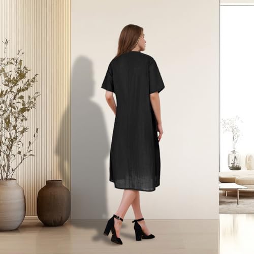 BSBUY Vestido Camiseta Mujer Manga Corta, Vestido Mujer Verano en Talla Grandes, Casual Vestidos Hasta la Rodilla para Mujer, con Plisado, con Bolsillos y Cuello Redondo, Negro-XL