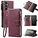 Shieldtop Compatible with Samsung Galaxy S24 FE 5G Wallet Case with Card Holder,Women Men RFID Blocking PU Leather Phone Case Flip Protective Cover Wrist Strap Zipper Credit Card Slots,Wine Red
