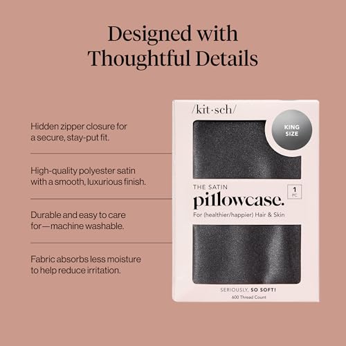 Image of Kitsch Satin Pillowcase with Zipper - King Size, Charcoal | Softer Than Silk Pillow Cases, Smooth Cooling Satin Pillow Case for Hair and Skin, Wrinkle-Free, Machine Washable