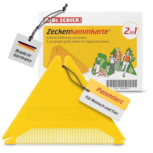 Dr. Schick Zeckenkammkarte [2-in-1 Zeckenkamm & Zeckenkarte] - patentierter Zecken-Entferner für Mensch & Tier mit 3 verschiedenen Haken [auch zum Entfernen von Läusen & Flöhen]