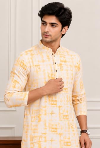 Image of FOXDX Men's Cotton Kurta, Ethnic Printed Kurta for Perfect Ethnic Look, Stand Collar Long Sleeve Casual Printed Regular Long Kurta