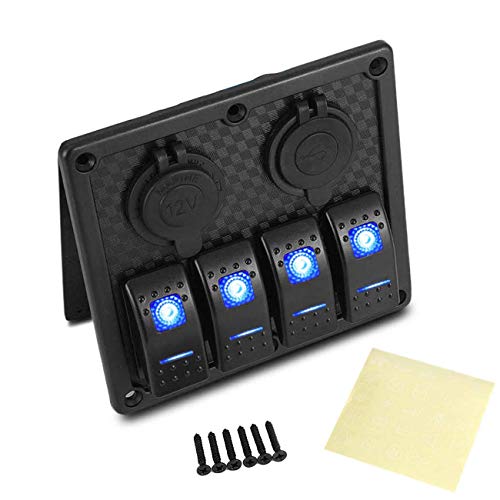 Auxbeam 4 Gang Rocker Switches Panel Control with Dual USB Charger Cigarette Lighter Socket Blue Indicator Light for RV Trailer Marine Boat Truck Camper
