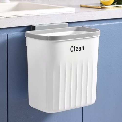 Image of Hanging Trash Can for Kitchen, 2.2 Gallon Kitchen Garbage Bin Food Waste Container Kitchen Compost Bin Wall Mounted Trash Can for Kitchen Cupboard Bathroom Bedroom Office Under Sink - White