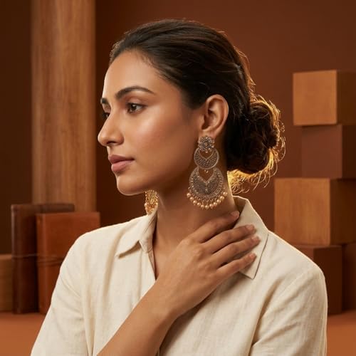 Image of Traditional Chandbali Earrings, Antique Gold and Oxidised Silver, Floral Stud, Pearl Drops, Ethnic Indian Jewellery