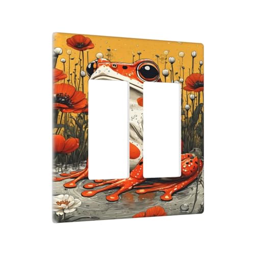 Decorative Outlet Covers Big Orange Frog Red Floral Wildflower 2 Gang Wall Plate Double Rocker Two Switch Wall Cover Plate Jumbo Dual Gfci Faceplate for Bedroom Decor