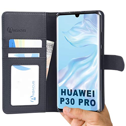 Abacus24-7® P30 Pro Etui à Rabat en Cuir Housse de Protection Format Portefeuille avec Emplacements Carte, Coque Clapet Compatible avec Huawei P30 Pro, Noir