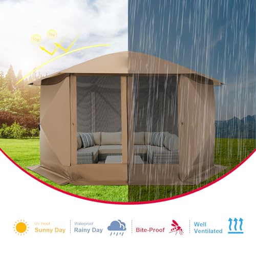 Image of COBIZI 12x12 FT Pop Up Canopy Extendable Tent, Gazebos On Clearance with Removable Roof, Screened in Gazebo with sidewalls, Screen Tents Portable carpas para Patio for Outdoor Camping,Backyard,Khaki