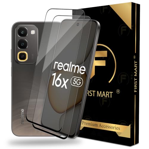 Image of FIRST MART Tempered Glass Screen Protector for Realme 16x - Full-Glue Screen Guard, 3D Edge to Edge, HD Clear, Bubble-Free, Case-Friendly, Black, Pack of 2