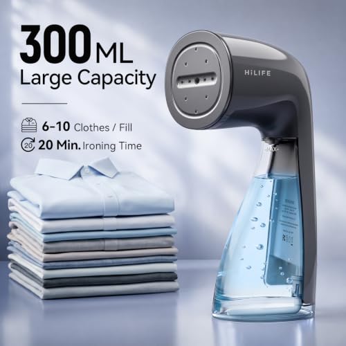 Image of HiLIFE Steamer for Clothes, 1100W Clothes Steamer, Fast Wrinkle Removal with Large 300ml Tank, Ideal for All Fabrics, Easy to Use, Compact and Portable Travel Garment Steamer-Grey