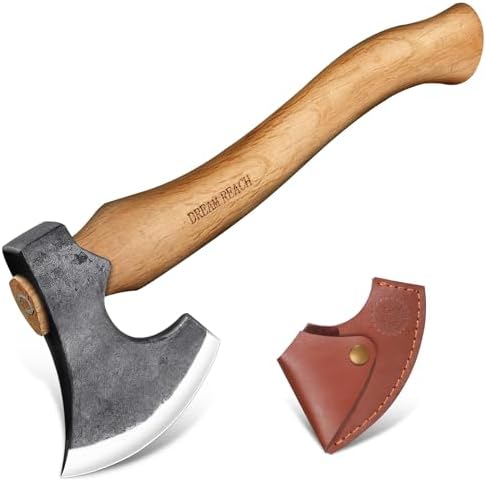 Dream Reach Beil Axt Klein, Handbeil Outdoor Camping mit Scheide Holzgriff | Für Holz Spalten, Bushcraft Garten, Ergonomischer Holzgriff, Inkl. Scheide, Geschenk für Männer Papa