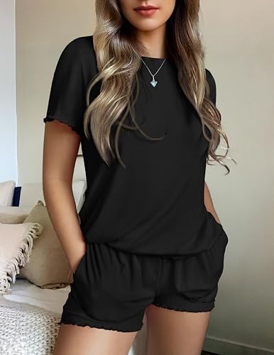 Image of Ekouaer Womens Pajamas 2 Piece Ribbed Knit Pjs Short Sleeve Sleepwear Set Summer Soft Pajamas Set Casual Lounge Sets