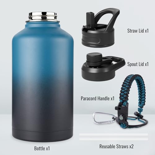 Image of Fijinhom Gallon Water Bottle with 2 Lids (Straw & Spout), 304 Stainless Steel Water Jug with Handle and Wide Mouth, 1 Gallon Vacuum Double Walled Jug for Sports, Outdoors, Blue&Black 128 oz