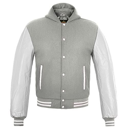 Image of Deckra Men's Varsity Jacket Genuine Leather Sleeve and Wool Blend Letterman Boys College Varsity Jackets XS-5XL