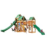 Gorilla Playsets 01-1034-AP-1 Treasure Trove II Wood Swing Set with Green Vinyl Canopy, Clatter Bridge, and 3 Slides, Amber