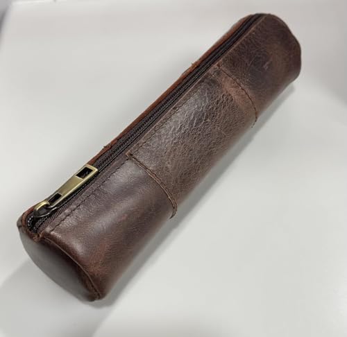 MILITARIA STUFFS Vintage Leather Pencil Case Pouch Full Grain Leather Zippered Pen Pouch Stationery Bag Pen Holder for Work & Office/Tool Pouch Zipper Case Small Tool Bag (Brown)