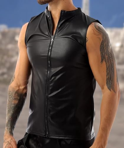 Image of AIEOE Men's Leather Metallic Shirts Shiny Slim Fit Stretch Top Wetlook Club Party Undershirts