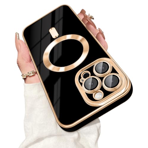 Dinick Designed for iPhone 14 Pro Max Case with Magnetic [Built-in Camera Cover] Compatible with MagSafe Soft TPU Glitter Cover Anti-Scratch Protective Slim for iPhone 14 Pro Max Case Black and Gold