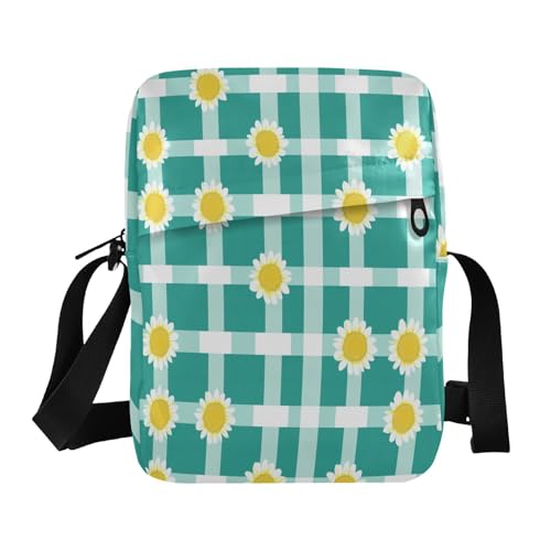 messenger bag crossbody cross body bag Croos Body Purses Adjustable Strap for Shopping Shopping- Squares Turquoise White Sunflower
