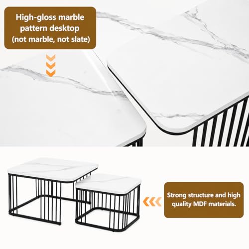 Image of Square Nesting Table Set of 2 - Marble MDF Top Coffee & Side Tables with Iron Frame for Living Room, Bedroom & Home Decor (Black & White, L-51x48 cm, S-41x41 cm)