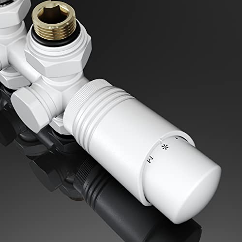 SONNI Multiblock Set für Heizkörper Anschlussarmatur inkl. Thermotstat Hahnblock Ventil Heizungszubehör Eck- und Durchgangsform weiß