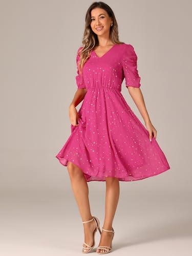 Image of Allegra K Chiffon Dress for Women's Metallic Stars Ruched Sleeve V Neck A-line Dress