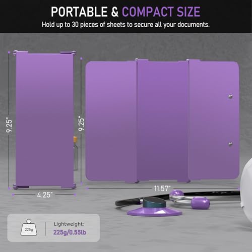 Image of Clipboard Foldable Without Edition Cheat Charts, 3 Layers Aluminum, Nurse Board w /Low Profile Clip&Pen Clip Pocket, Purple