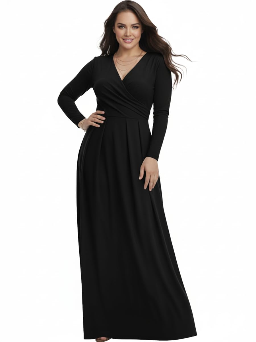 KOH KOH Womens Long V-Neck Full Sleeve Semi Formal Flowy Evening Cute Maxi Dress
