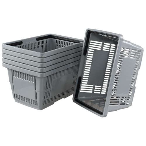 Esdiplot 28L Plastic Shopping Baskets with Handles, 6 PCS Portable Shopping Basket for Retail Stores, Supermarket, Grey