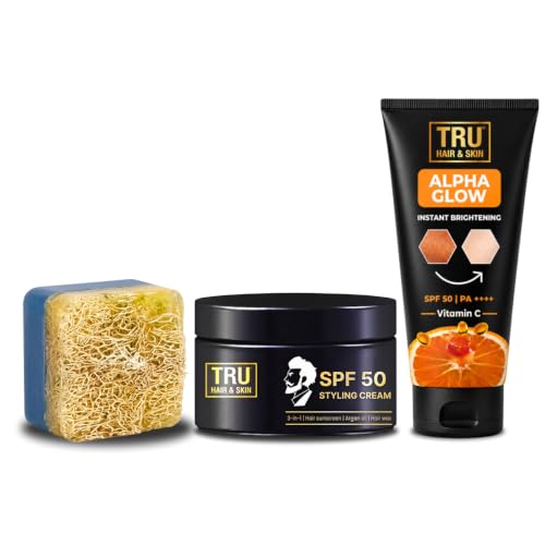 Image of Tru Hair & Skin Rebelx soap with natural Loofah - 100gm + SPF 50 Styling Cream - 50gm + Alpha Glow Instant Brightening Cream - 25ml