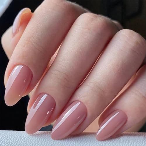 GLAMERMAID Nude Pink Press On Nails Short Almond, Natural Pure Pink Handmade Soft Jelly Gel Fake Nails Tip, Neutral Glossy Round Oval Stick Glue on Nails Kit for Women, Reusable Acrylic False Nail Set