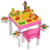 burgkidz Kids 5-in-1 Multi Activity Table Set - Building Block Table with Storage - Play Table Includes 1 Chair and 130 Pieces Compatible Large Bricks Building Blocks for Ages 2 and Up (Pink)