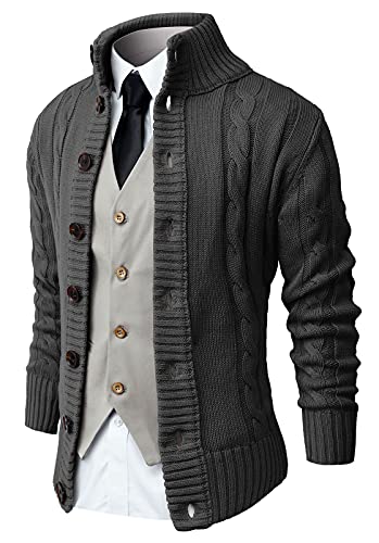 Image of NITAGUT Mens Long Sleeve Casual Slim Fit Cardigan Cable Knitted Sweater Thermal Button Down Closure,Dark Grey,Small