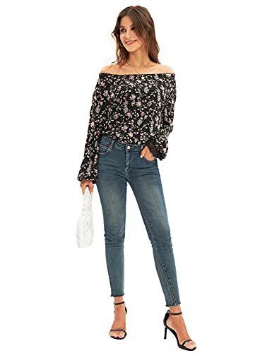 Women's Chiffon Blouses Lace Casual Loose Long Sleeve Tops Shirts Vaction Dressy Fit Floral Black L #TOP4