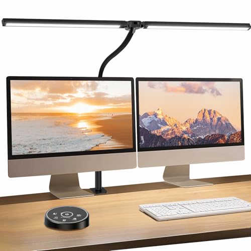 BeaNet デスクライト LED 「無線リモコン・ダブル光源・幅800mm・24W・2000Lx」 5段階調光調色 電気スタンド クランプ「PSE認証済」 幅広 スタンドライト 多角度調節 卓上ライト 目に優しい 読書/勉強/仕事 ブラック BNT-DEL07（T型 ・Pro版）