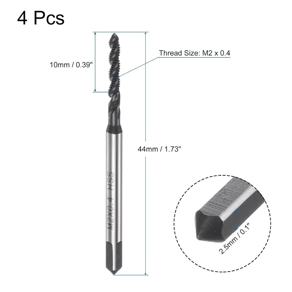 Lot de 4 tarauds hélicoïdaux M2 x 0,4 - Taraud métrique à revêtement nitrure - Taraud machine en acier