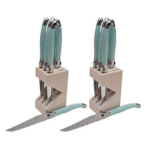 (D) Laguiole Steak Knife Set with Block Colorful Rustic Wooden Set 2 PACK (Blue)