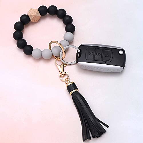 Baosiwa Women Silicone Keychain Bracelet Beaded Wristlet Key Ring Black Bangle Chains With Leather Tassel #TOP2
