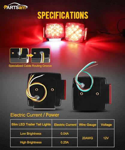 Image of Partsam Pair Slim Square LED Trailer Light Submersible Tail Lights 15 Red 4 White LEDs 5050 SMD Stop Turn Tail with Side Clearance and License Lights for Under 80 inch Boat Trailer 12V IP67 Red Lens