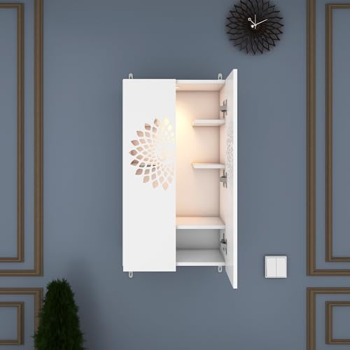 Image of Anikaa Engineered Wood Spirit LED Light Wall Temple Shelf Puja Stand Pooja Modern Designe Temple Mandir for Office & Home Decoration - White (D.I.Y - Do-It-Yourself)