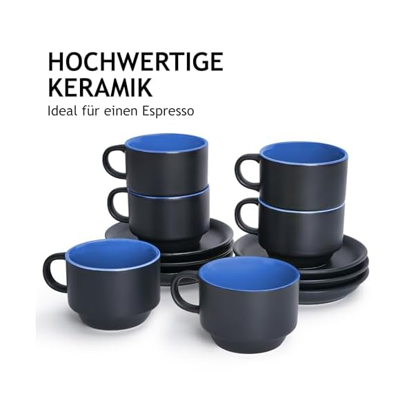 MIAMIO - 6 x 75 ml Espressotassen Set/Espresso Tassen Set mit Untertasse & Ständer - Kaffeetassen Set 6er Kaffeebecher Keramik - Le Papillon Kollektion – Bild 2