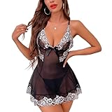 Hamefen dream love Women See-through Teddy Babydoll Sleepwear Lingerie Set Black X Large