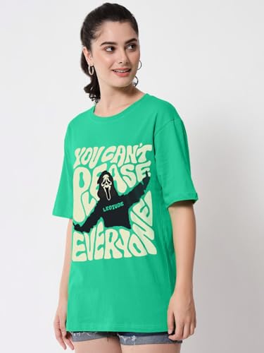 Image of LEOTUDE Women Cottonblend Drop Shoulder Oversized Round Neck Half Sleeve