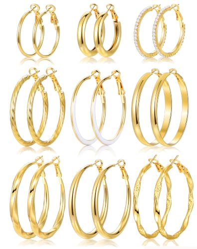 Image of 12 Pairs Gold Hoop Earrings Set for Women, Lightweight Hoop Jewelry