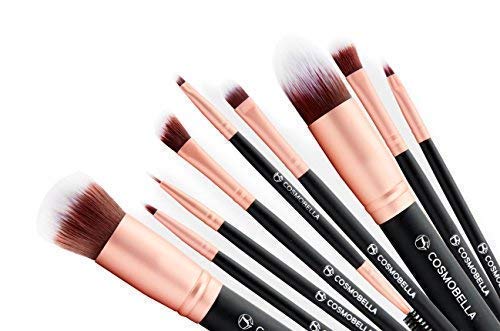 Cosmobella Premium Synthetic Kabuki Makeup Brush Set, Face Brushes Makeup Kit, Foundation, Concealers, Eye Shadows, Eye Liner, Ultra Soft, Silky, Firm, Non-Shedding - Luxury Black & Rose Gold (14Pcs)