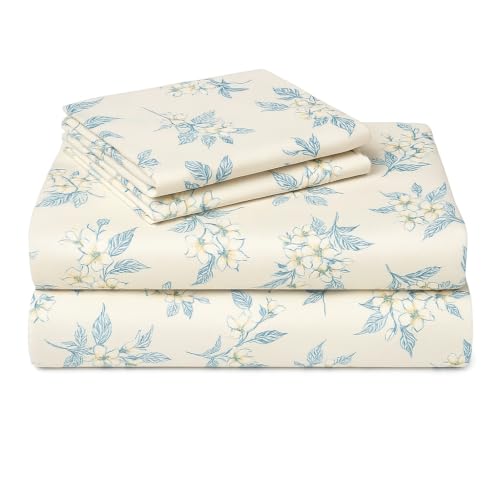 Image of SANMARINO 210TC Cotton King Size Bedsheet with 2 Pillow Covers | Premium Floral Print Design Flatsheet |Ultra Soft Breathable Skin Friendly Bedding Set for All Season Use 90 x 100 Inch,Sky Blue