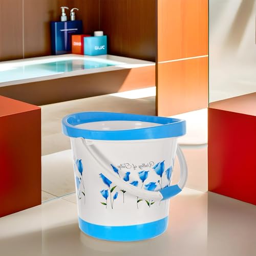 Image of Kuber Industries Bucket for Bathroom 18 Litre | Bucket for Kitchen | Balti for Bathing with Handle | Bucket for Washing Clothes & Mopping | Tulip Flower-Blue