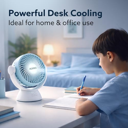 Image of AGARO Delight Rechargeable Mini Desk Fan, Portable, Type-C Charging, 3 Speed Modes, 360 Adjustable Tilt, LED Night Light, Up to 9 Hours Runtime, Quiet Table Fan, Home and Office